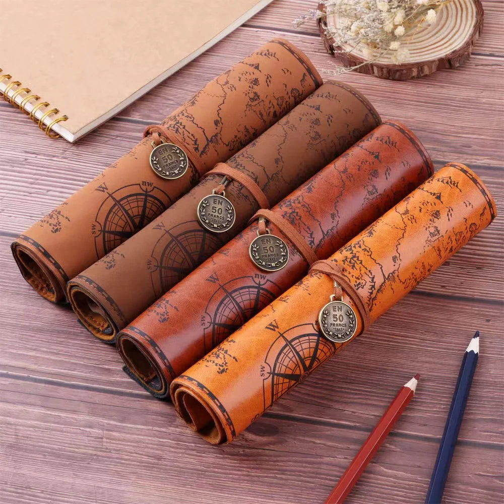 Vintage Treasure Map Leather Roll-Up Organizer