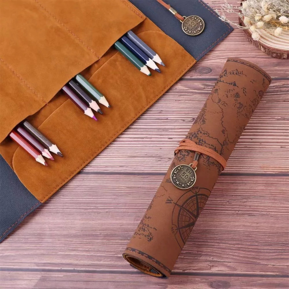 Vintage Treasure Map Leather Roll-Up Organizer