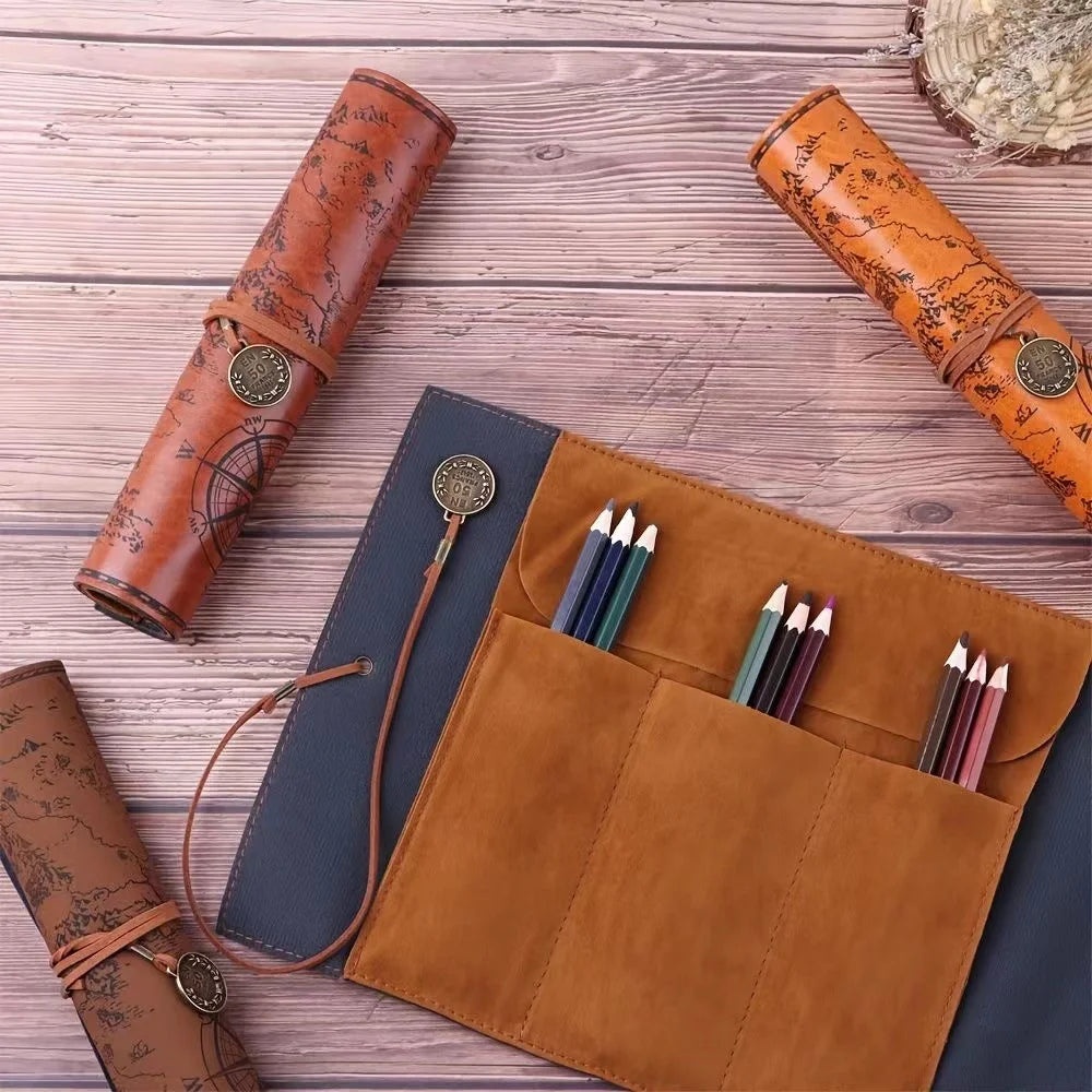 Vintage Treasure Map Leather Roll-Up Organizer