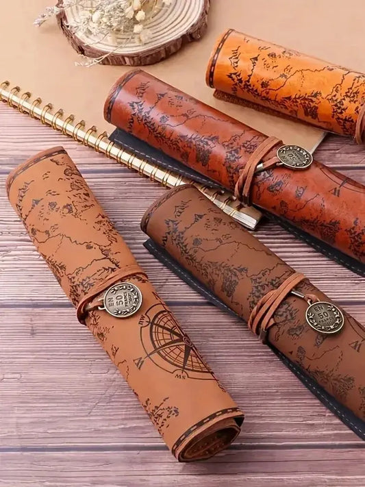 Vintage Treasure Map Leather Roll-Up Organizer