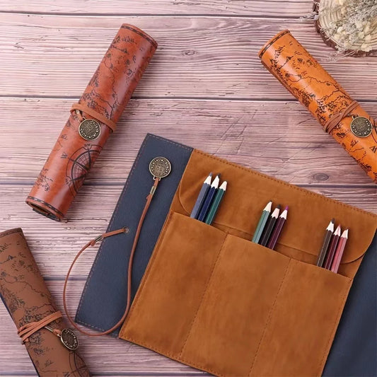 Vintage Treasure Map Leather Roll-Up Organizer